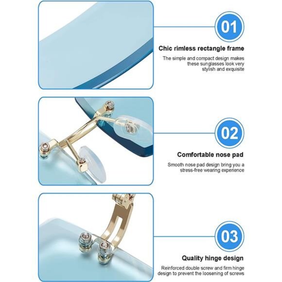 3 Pairs Rimless Rectangle Sunglasses Tinted Frameless Eyewear Vintage Transparen - Picture 5 of 6